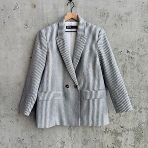 Zara Oversized Striped Preppy Old Money Blazer Navy White Linen Blend-Size L